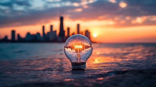 Sunset city skyline glows softly inside a clear glass bulb