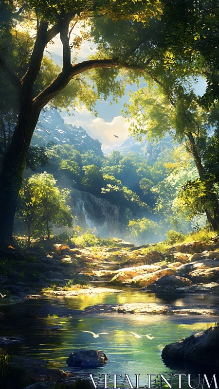 Luminous Canyon Stream. Towering Trees Frame Mountain Valley Vista.