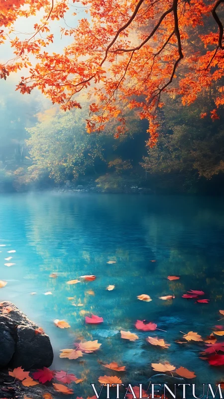 Autumn maple branches frame tranquil turquoise lake surface