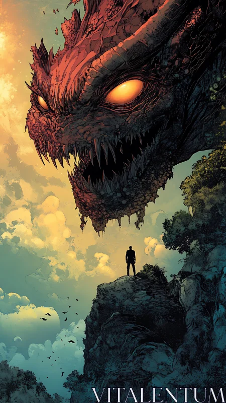 Colossal ember-eyed dragon confronts lone figure on cliff edge