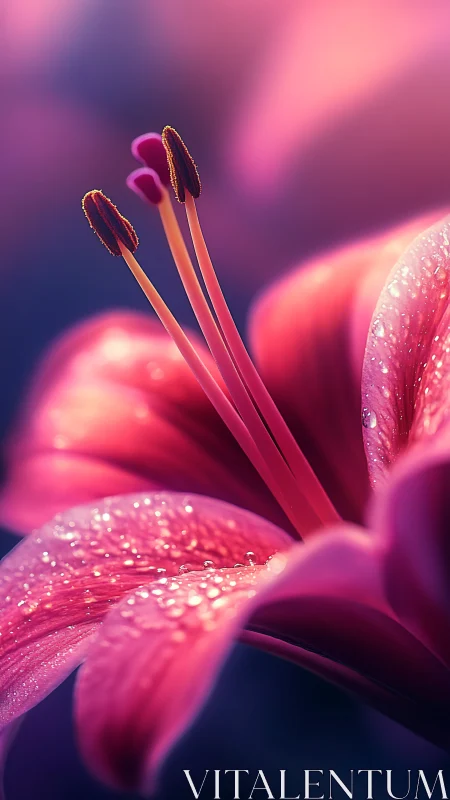 Radiant pink lily petals glowing softly in morning dew.
