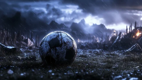 Weathered soccer ball rests on rain-soaked battlefield field.