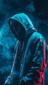 Hooded man stands in dramatic colored light and smoke