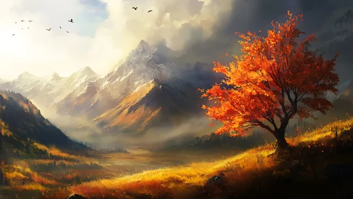Lone autumn tree glows against dramatic misty mountainscape.