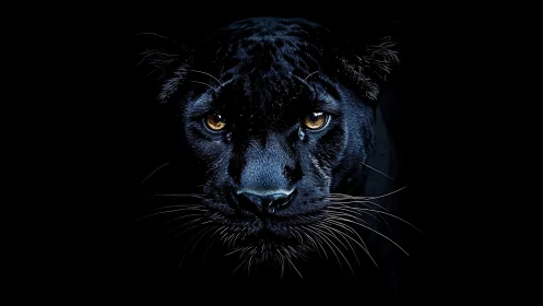 Black Panther Portrait with Golden Eyes Against Dark Background