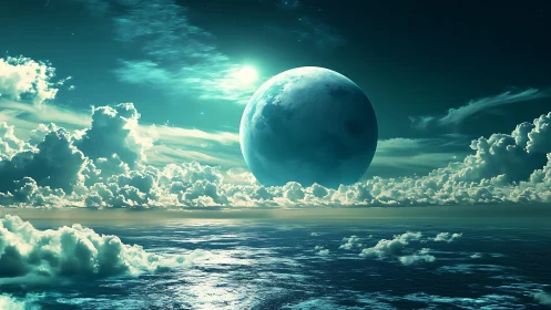Celestial lagoon moonrise above clouds and turquoise sea dream.