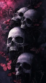 Four human skulls stack amid dark vines and pink butterflies