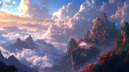 Mountain temples above clouds in dramatic sunset light.