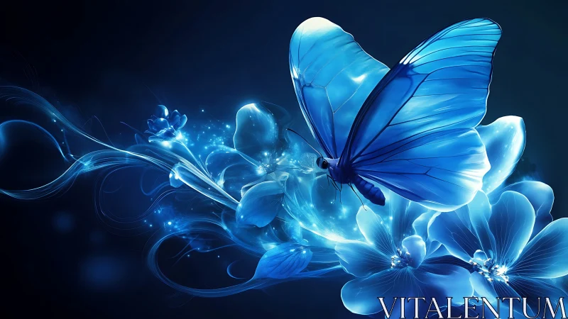 Bioluminescent blue butterfly hovers over spectral floral forms