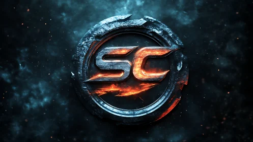 Molten SC emblem embedded in corroded metallic ring under volumetric glow