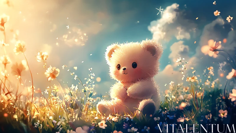 Fluffy teddy bear sits in bright flower field at sunset