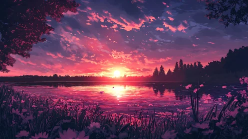 Spectral sunset over reflective lakeshore flora rendering.