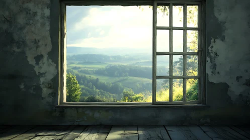 Weathered interior window opening onto layered green hills.