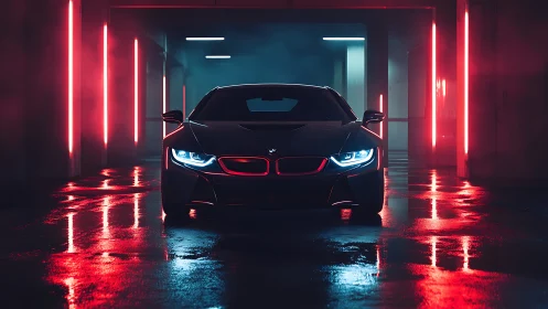 Futuristic sports car glows in neon red parking tunnel.