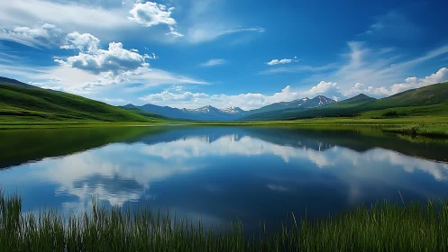 Photoreal landscape with mirrored alpine lake symmetry.