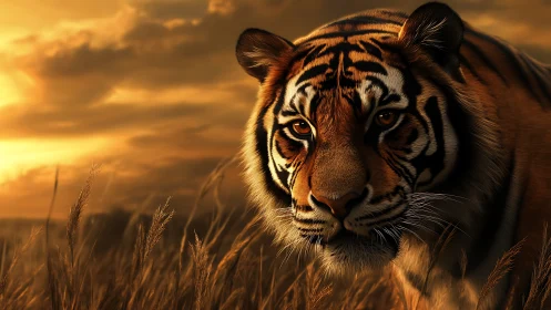 Sunlit tiger wandering through golden evening grasslands.