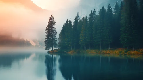 Foggy conifer forest reflected in still mountain lake surface.