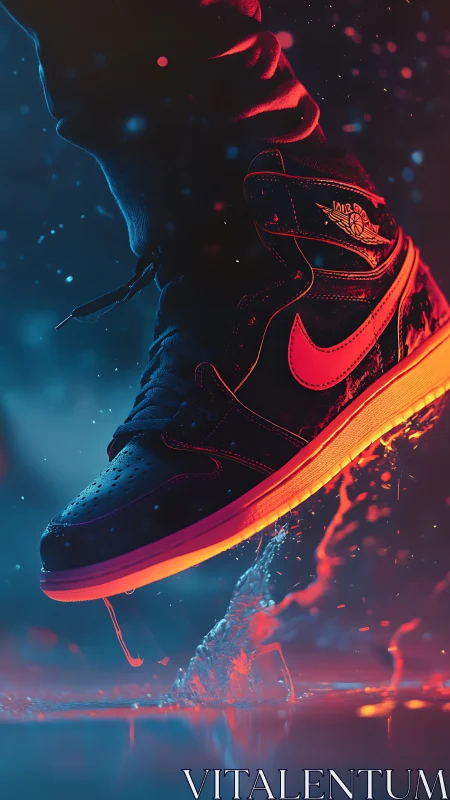 High-top sneaker in motion over wet reflective surface.