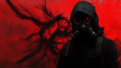 Hooded figure in gas mask silhouetted against red abstract field