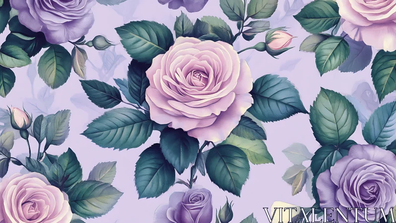 Lavender Roses with Teal Foliage in Botanical Composition.
