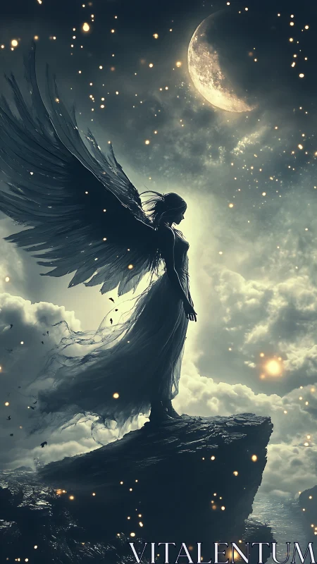 Lunar backlit winged figure on precipice in atmospheric dusk.