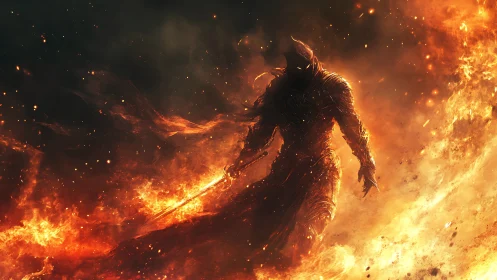 Digital painting of a dark flame warrior in swirling inferno.