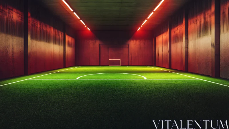 Neon-lit indoor soccer field glowing in a cinematic red haze.
