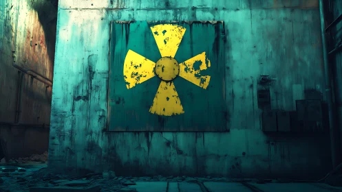 Rust-bitten radiation symbol hums on a teal-stained wall