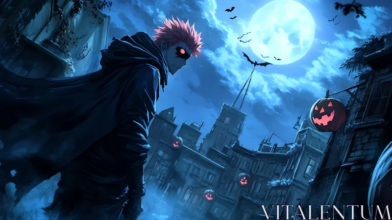 Hooded figure in moonlit alley with jack o lanterns suspended.