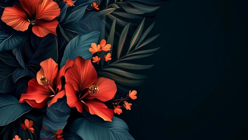 Vibrant Floral Composition with Red Hibiscus and Dark Foliage.