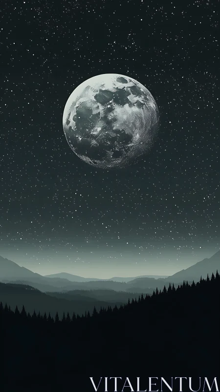 Moonlit hush above shadowed pine valleys and silver night.