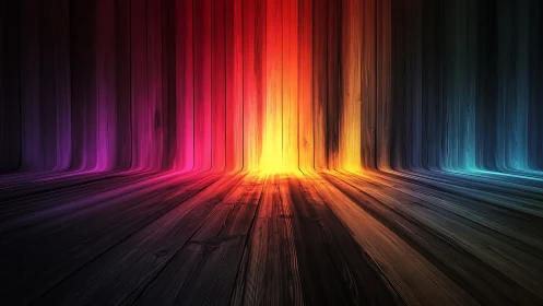 Chromatic light corridor with radiant wooden perspective walls.