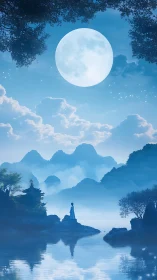 Moonlit lake with distant mountains and lone human figure.