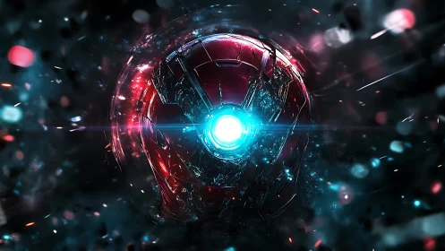 Damaged red mech helmet with central reactor core illumination