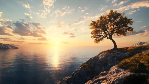 Lone coastal tree overlooks glowing ocean sunset horizon