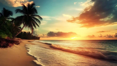 Golden sunset bathes a tranquil tropical palm-lined beach