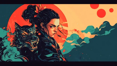 Fierce warrior and spirit wolf under a blazing red sun.