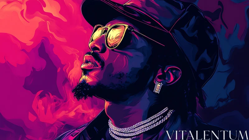 Digital portrait depicts man in profile amid neon color gradients