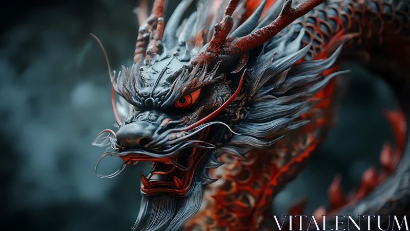 Fire-lit dragon head coils in mist with fierce intensity.