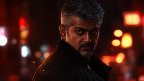 Storm-eyed vigilante stalks neon-scorched midnight streets.