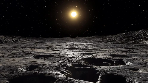 Lunar cratered horizon under high-contrast solar backlighting and starfield