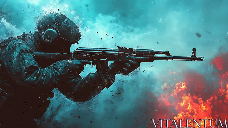 Tactical rifleman in dynamic muzzle-flash scene with bokeh debris