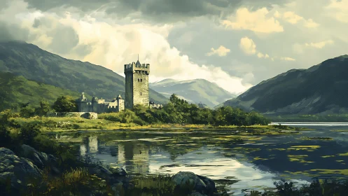 Romantic castle landscape with reflective lake composition.