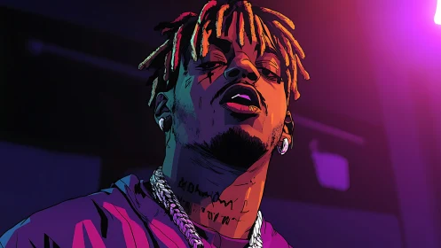 Neon-lit hip hop portrait in bold cel-shaded vector style.