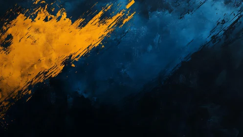 Bold yellow brushstroke on blue abstract textured background.