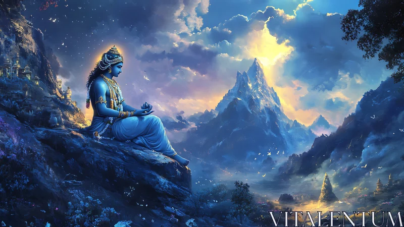 Blue-skinned deity in meditation above glowing mountain valley.
