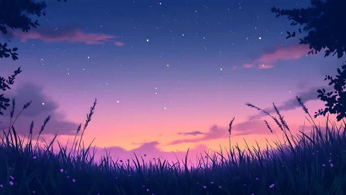 Whispering meadow silhouettes under a candy dusk sky.