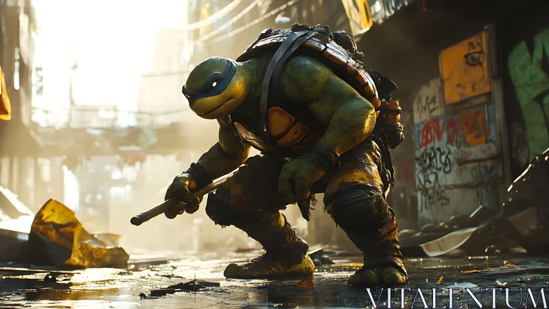 Streetwise turtle warrior ready for a gritty alley showdown.