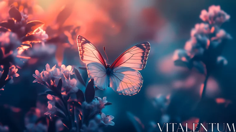Softly glowing butterfly in dreamy twilight garden light.
