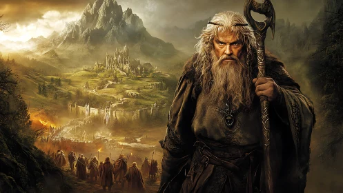 Weathered wizard leads a golden-lit army toward the citadel.